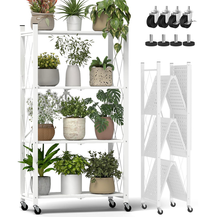 ALANNG Blumenständer mit Rädern, 4 Ablagen Stabiler Pflanzenständer, Metall Pflanzenregal Indoor Ein