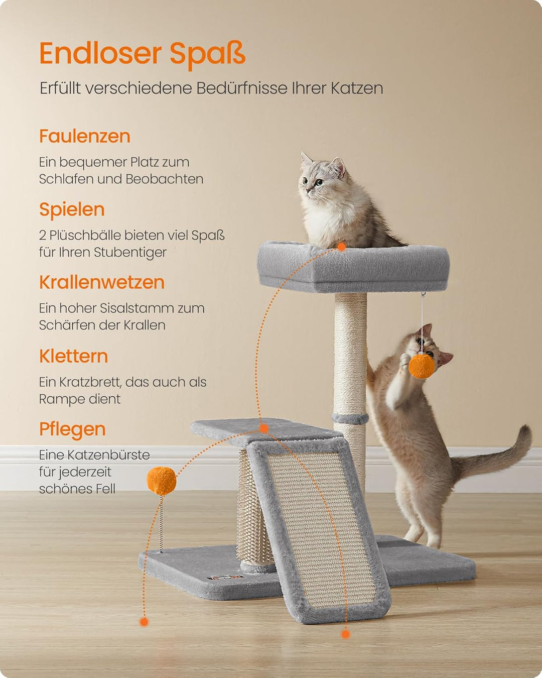 Feandrea Kratzbaum mit Liegefläche, multifunktionaler Katzenbaum mit Plattform, drehbare Rampe, Katz