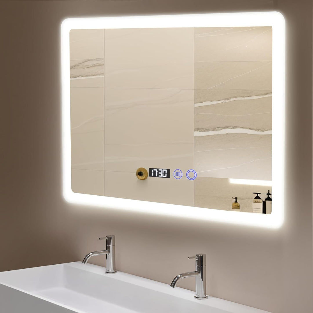 YOURLITE Badspiegel mit Beleuchtung 80x60 cm,LED Badezimmerspiegel mit Uhr Weiss - 80x60, Weiss - 80