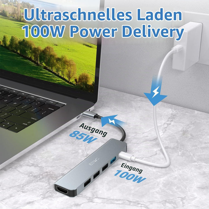 USB C Hub, JESWO 6 in 1 USB C Adapter mit 4K HDMI, 1 USB 3.0, 3 USB 2.0 und 100W PD kompatibel mit M