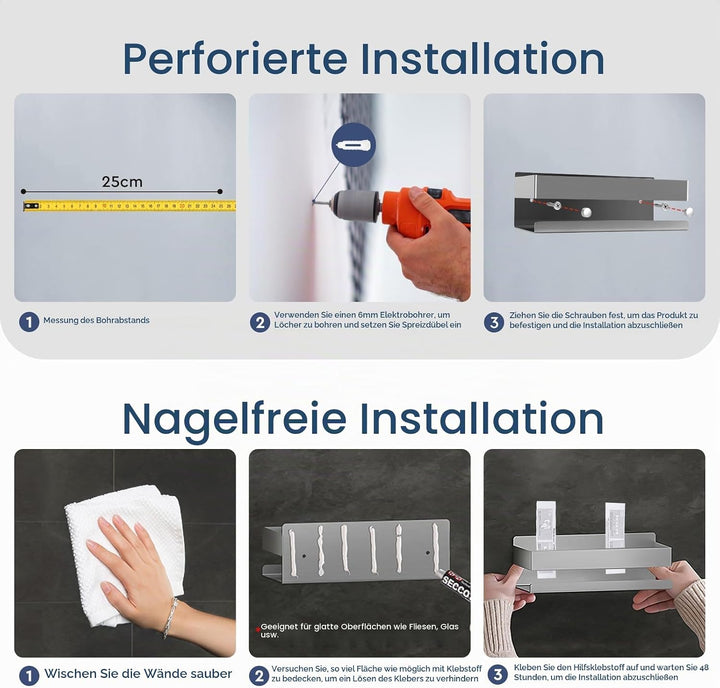 Duschablage Ohne Bohren Duschregal Wand Edelstahl Badregal mit 2 Haken Duschkorb Selbstklebende Bad
