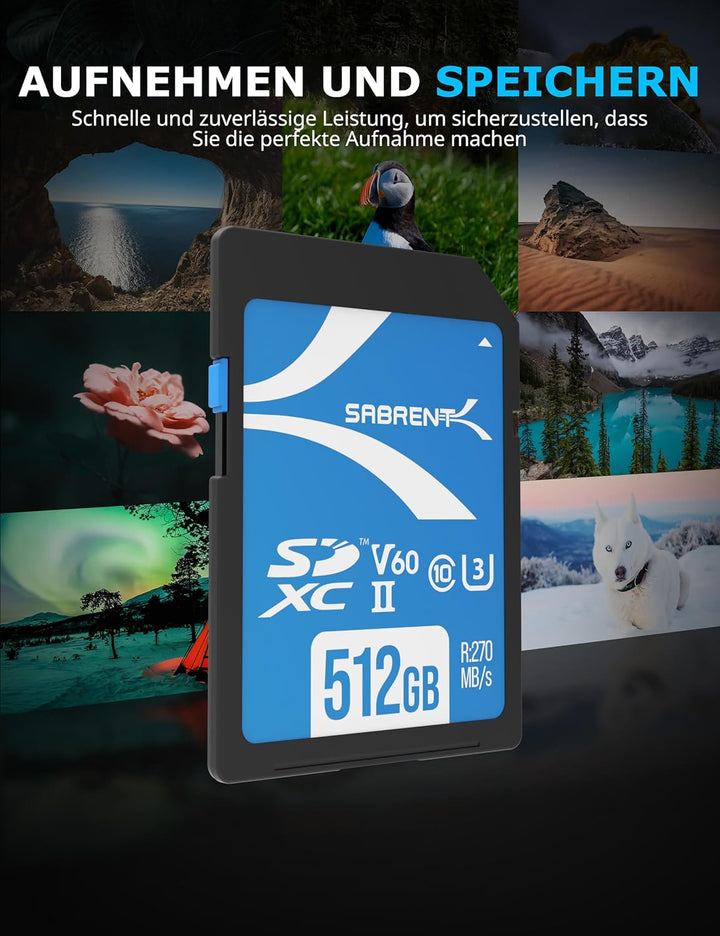 SABRENT SD Karte 512GB V60, SDXC Card UHS II, SD Speicherkarte Class 10, U3, L270MB/s S170MB/s Full