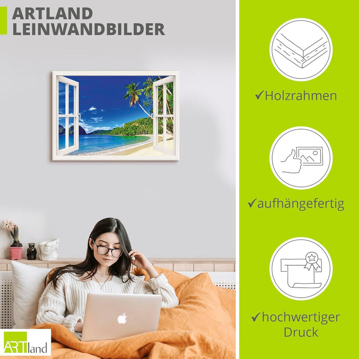 ARTland Leinwandbilder Wandbild Bild Leinwand 100x70 cm Fensterblick Karibik Südsee Strand Meer Inse
