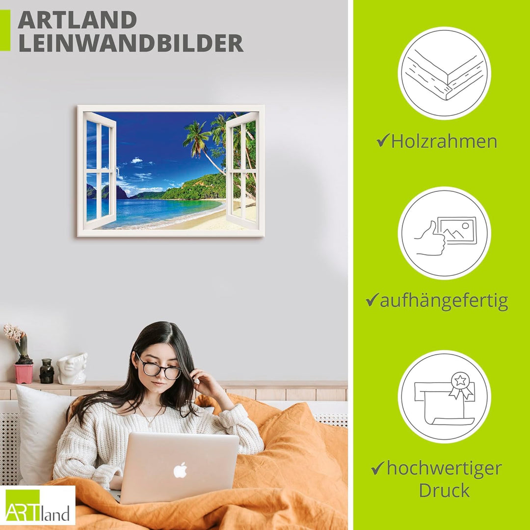 ARTland Leinwandbilder Wandbild Bild Leinwand 70x50 cm Fensterblick Karibik Südsee Strand Meer Insel