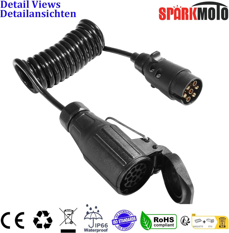 SPARKMOTO 1.8M Anhänger Kabel Verlängerung 7 Polig mit 7 polig stecker 13 polig Steckdose,Spiral ada