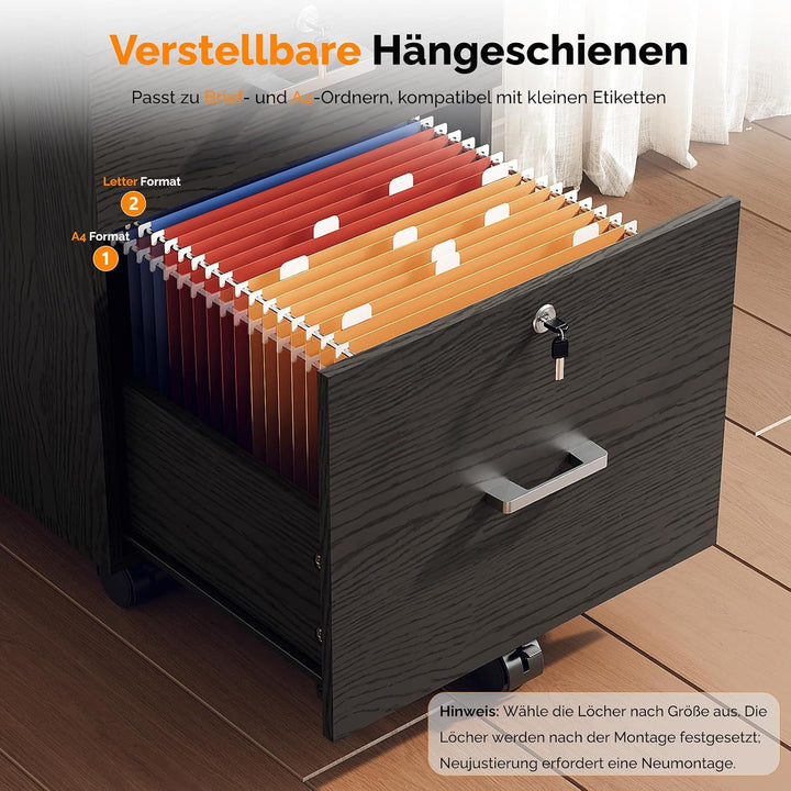 Bonnlo mobiler Aktenschrank 3 Schubladen für Büro,Homeoffice, schwarz,Holz, Schwarz