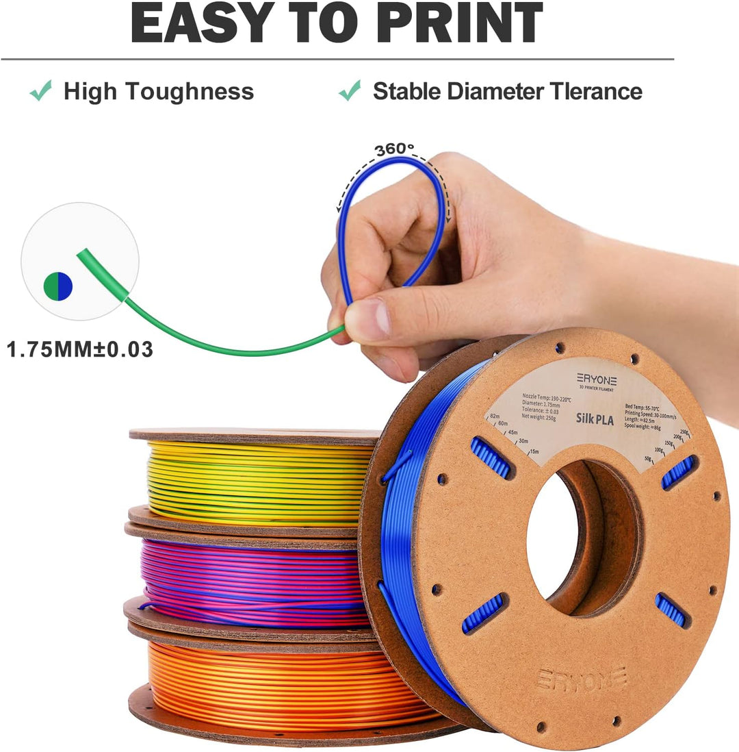 ERYONE Dual Zweifarbig Silk PLA Filament 1.75mm, 3D Printer Filament PLA +/-0.03mm, 4x250g /Pack, Ro