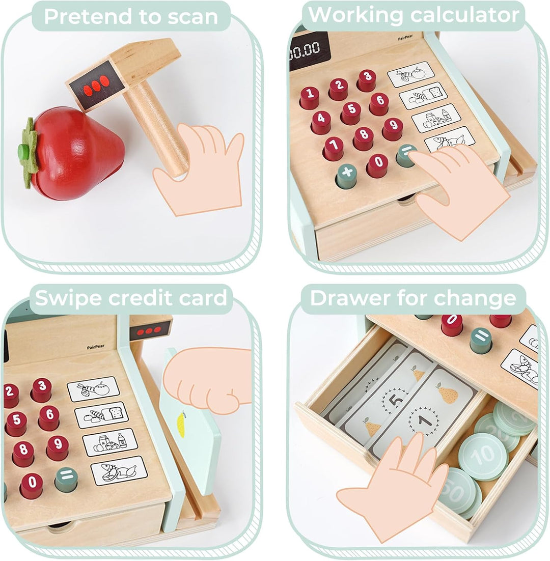 PairPear Kinder Kasse aus Holz spielkasse Kinder mit Scanner, Kartenlesegerät, Kreditkarten und Spie