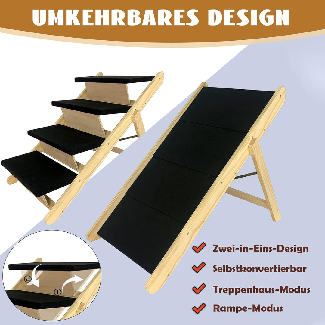 Froadp 100x46x63cm Klappbare Treppen für Hunde aus Kiefernholz Faltbare Hundetreppe mit 4 Stufen &amp; F