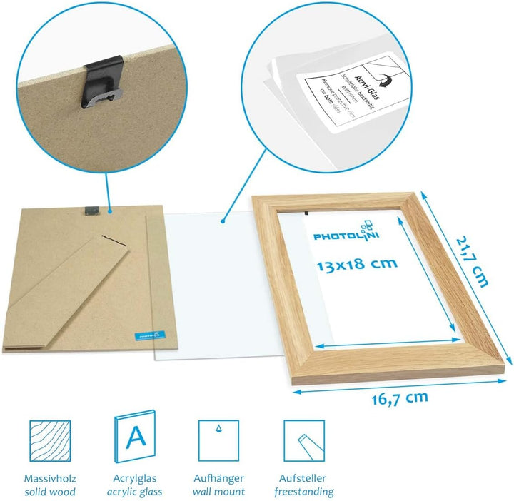 PHOTOLINI 3er Bilderrahmen 13x18 Holz Eiche, Set breite Bilderrahmen 18x13, Fotorahmen 13 x 18 Holz