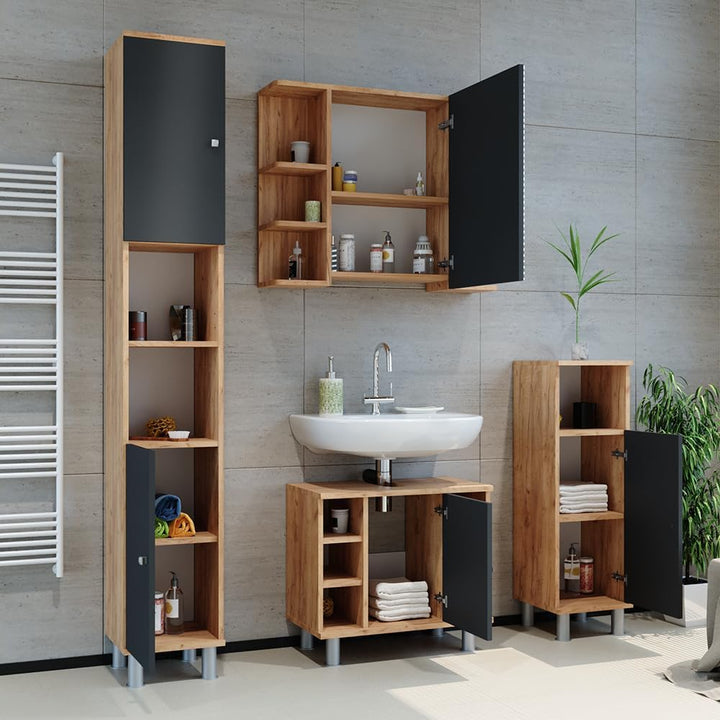 Vicco Waschbeckenunterschrank Fynn, Anthrazit/Goldkraft Eiche, 60 x 54 cm, mit Aussparung für Siphon