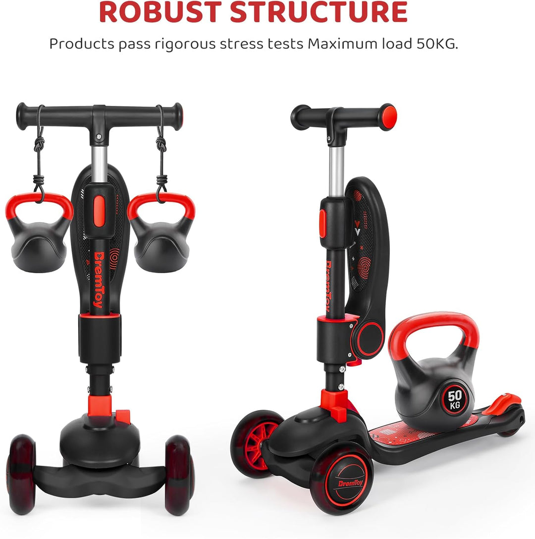 BremToy Kinderroller mit Sitz, Tretroller mit LED Rädern, Kinder Scooter mit Höhenverstellbarem Lenk