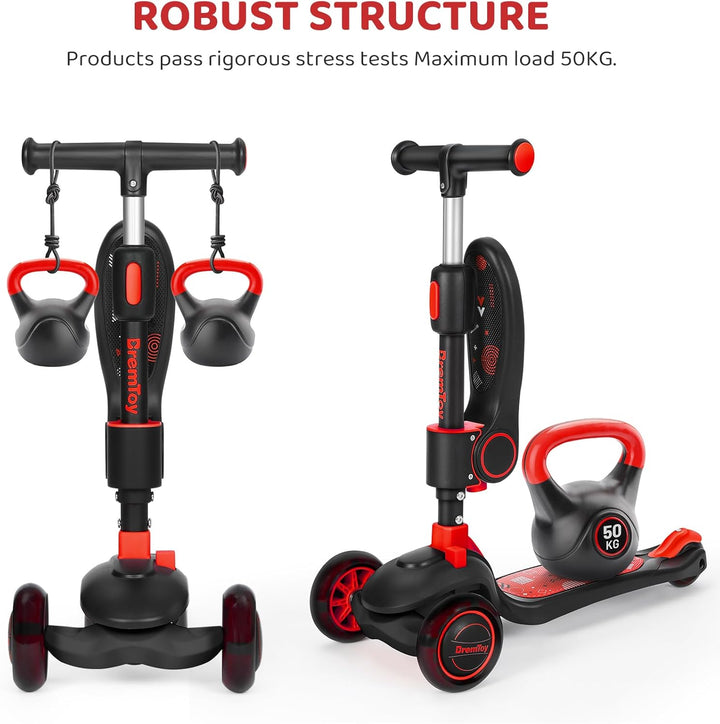 BremToy Kinderroller mit Sitz, Tretroller mit LED Rädern, Kinder Scooter mit Höhenverstellbarem Lenk