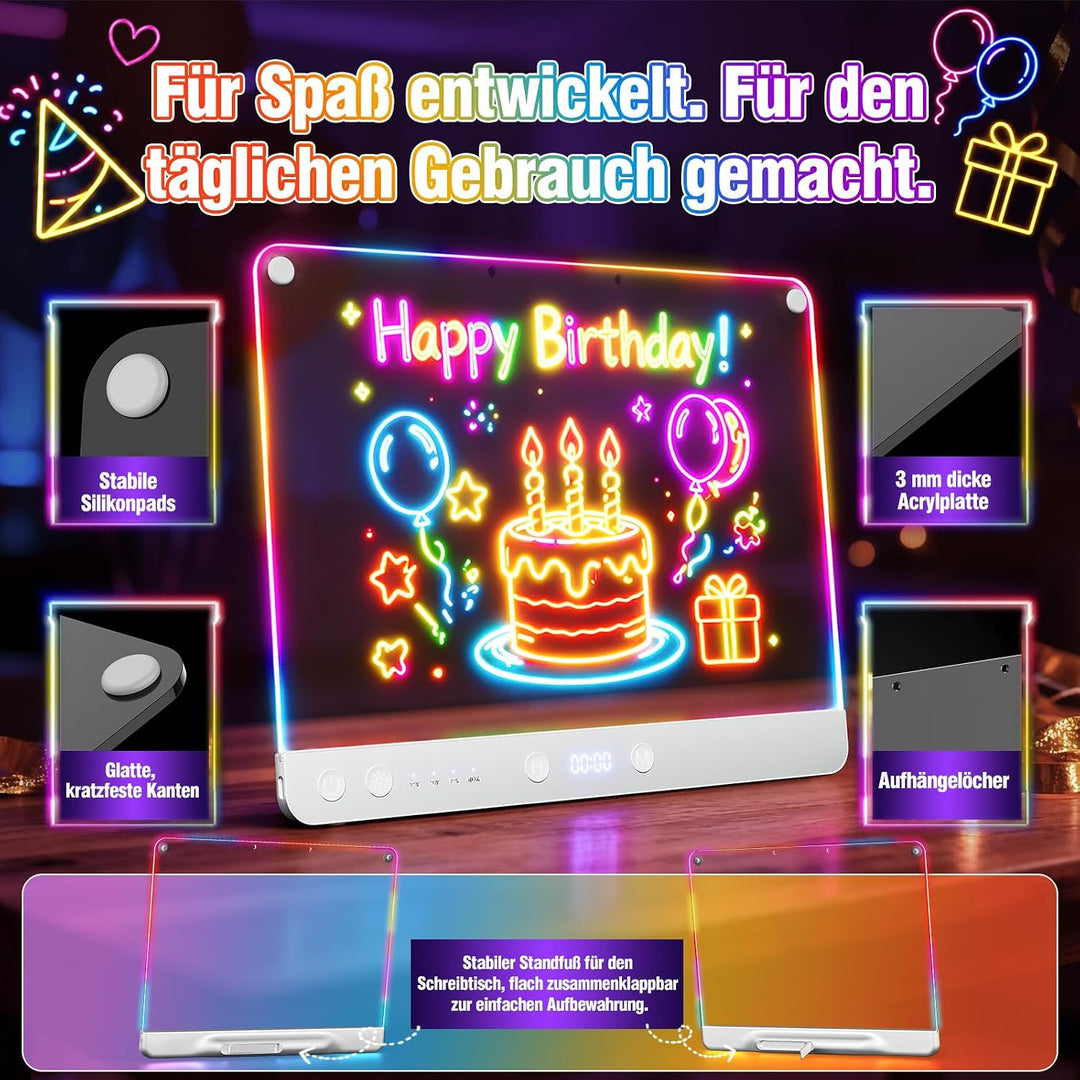 LED-Zeichenbrett Wiederaufladbares 41 cm, 9 Lichtmodi mit Timer, Neon-Trockenlöschtafel mit Ständer,