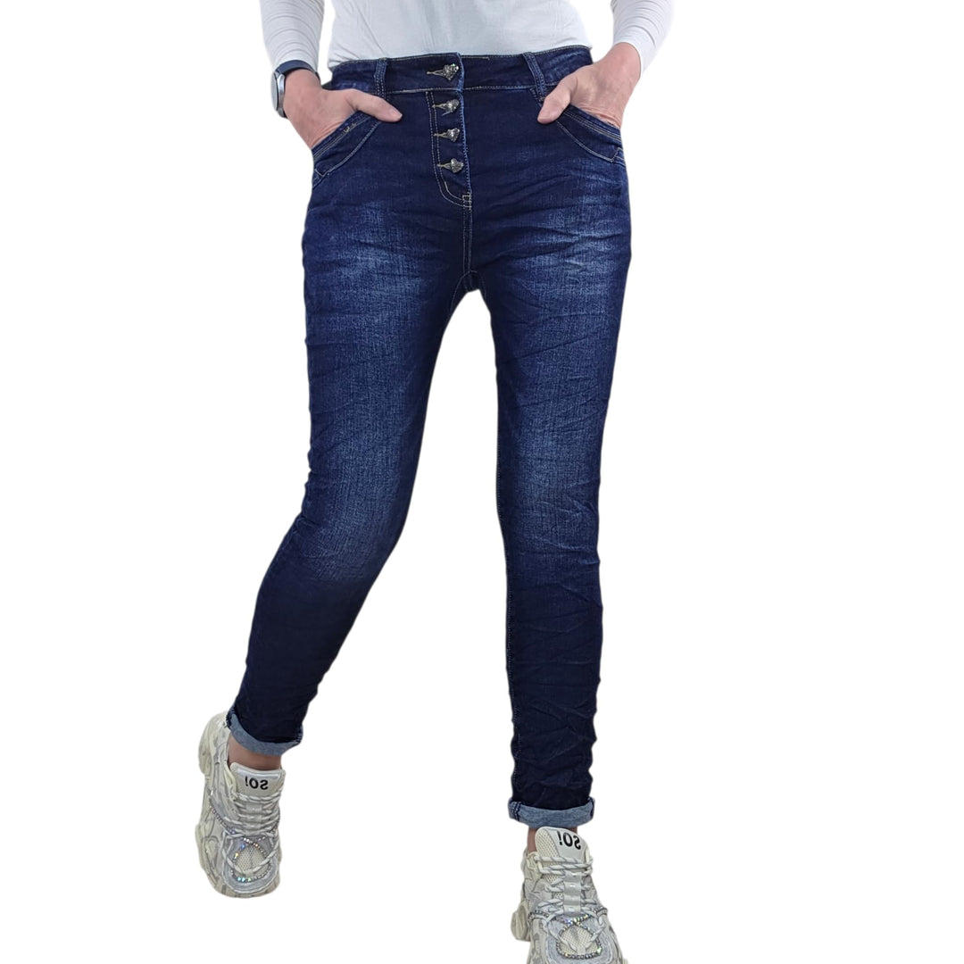 Jewelly Stretch Jeans| im Baggy Boyfriend Schnitt| Damen Hose mit dekorativer Knopfleiste| Perfekter