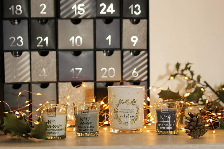 Origineller Adventskalender 2022 mit 25 Duftkerzen im Glas mit Spruch - Adventskalender kerzen - Deu