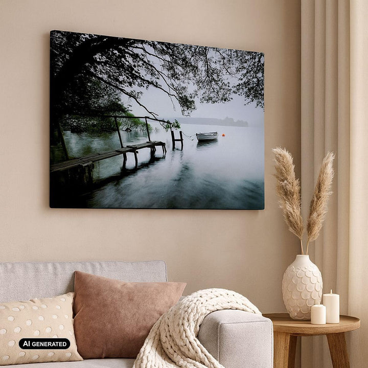 Bilder auf Leinwand 100x70cm Leinwandbild mit Rahmen See Dock Boot Bäume Gross Wanddeko Bild Schlafz