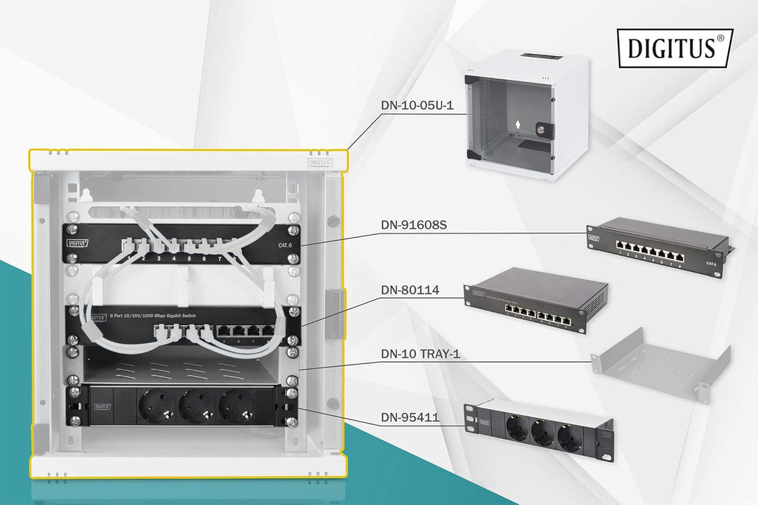 DIGITUS 10-Zoll Set - Netzwerk-Schrank 6HE Grau - Fachboden - Steckdosenleiste - 8-Port Patch-Panel