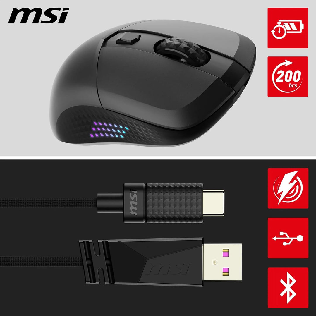 MSI Versa 300 Elite Wireless Gaming-Maus – 26.000 DPI-Optosensor, 1000 Hz Polling-Rate, symmetrisch,