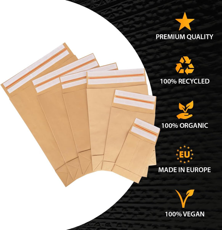 200 Faltentaschen 229x162x40 mm mit Klotzboden, doppelte Haftklebung und Aufreissfaden Versandtasche