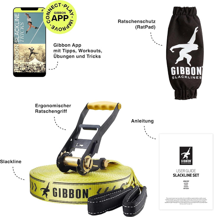 Gibbon Slacklines Classic Original Komplett-Set | 25m | TÜV Geprüft | Balance und Spass mit Trampoli