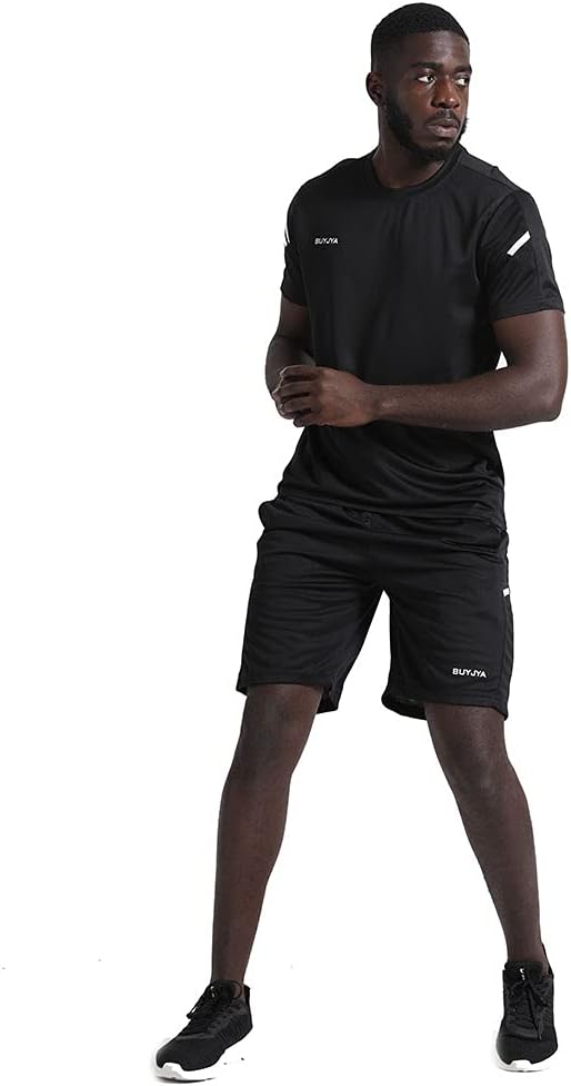 BUYJYA Herren-Trainingskleidung, athletische Shorts und Shirt-Set, 3er-Pack, für Basketball, Fussbal