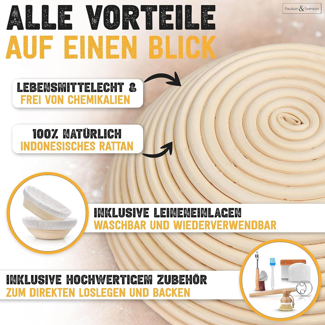 Paulson & Svenson - 2 Stück Gärkörbchen oval im Komplett-Set zum Brotbacken - 100% natürlichem Ratta