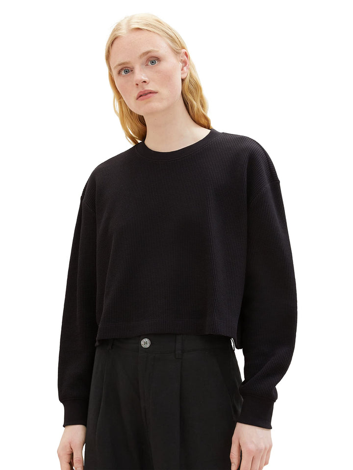 TOM TAILOR Denim Damen Cropped Basic Sweatshirt L 14482 - Deep Black, L 14482 - Deep Black