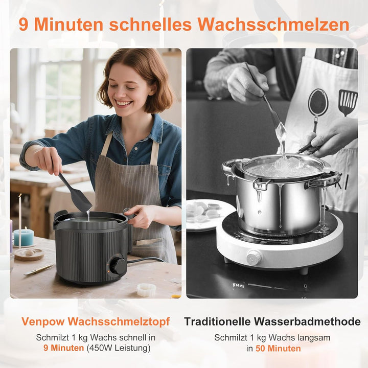 venpow Wachsschmelztopf mit Ausgiesser, kerzen selber machen set für erwachsene Anfänger, 1,5L gross