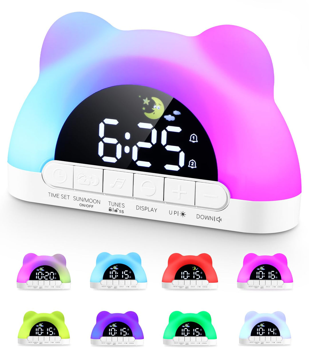 PERMUST Wecker Kinder 10 Weckerlärme, 11 RGB-Farben, 2 Alarme + Snooze, Schlaftrainer, Einstellbare