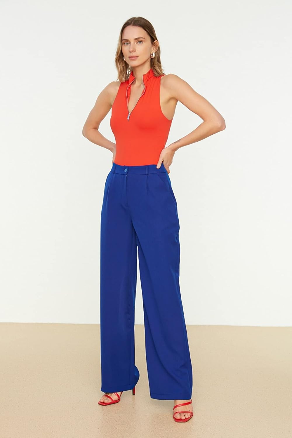 TRENDYOL Damen Herren Basic Hoher Bund Wide Leg Hose Pants 32W Blau, 32W Blau