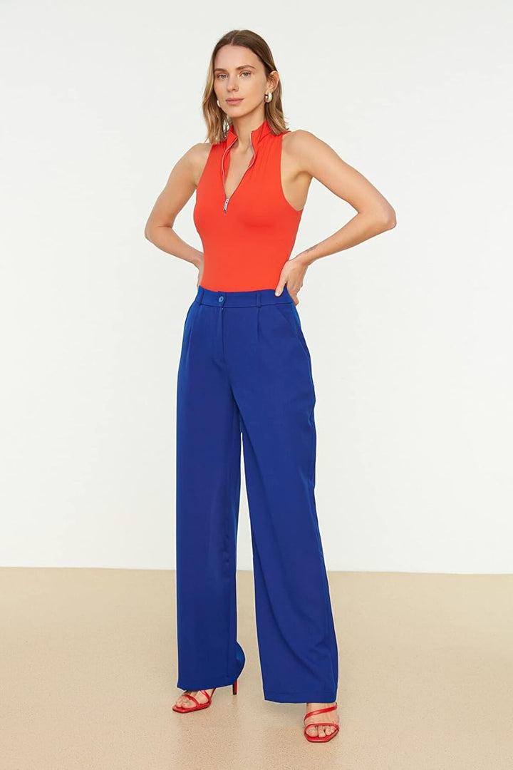 TRENDYOL Damen Herren Basic Hoher Bund Wide Leg Hose Pants 32W Blau, 32W Blau