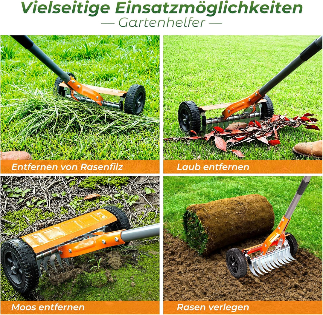 Walensee Vertikutier-Walzenrechen, 195 cm Verstellbarer Stiel, 2 mm Edelstahlklingen, Hochleistungs-