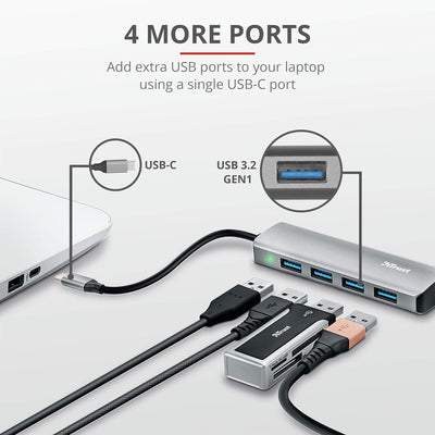Trust Halyx Mini USB-C Hub 3.2, 4 Port USB-A Anschlüsse, USB Adapter, USB Verlängerung Datenhub, Dün