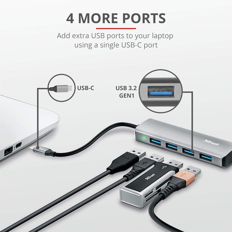 Trust Halyx Mini USB-C Hub 3.2, 4 Port USB-A Anschlüsse, USB Adapter, USB Verlängerung Datenhub, Dün