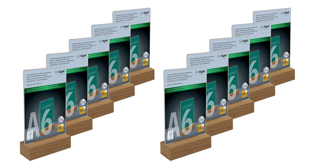 SIGEL TA252/10 Tischaufsteller A6 hoch, mit Eichenholz-Sockel, 10er Pack, glasklar Acryl, garantiert