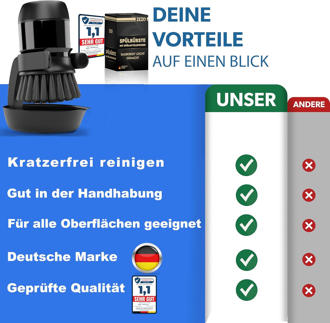 Spülbürste mit Spülmittelspender - Multifunktionale Reinigungsbürste zum Drücken - Schwarze Küchenbü
