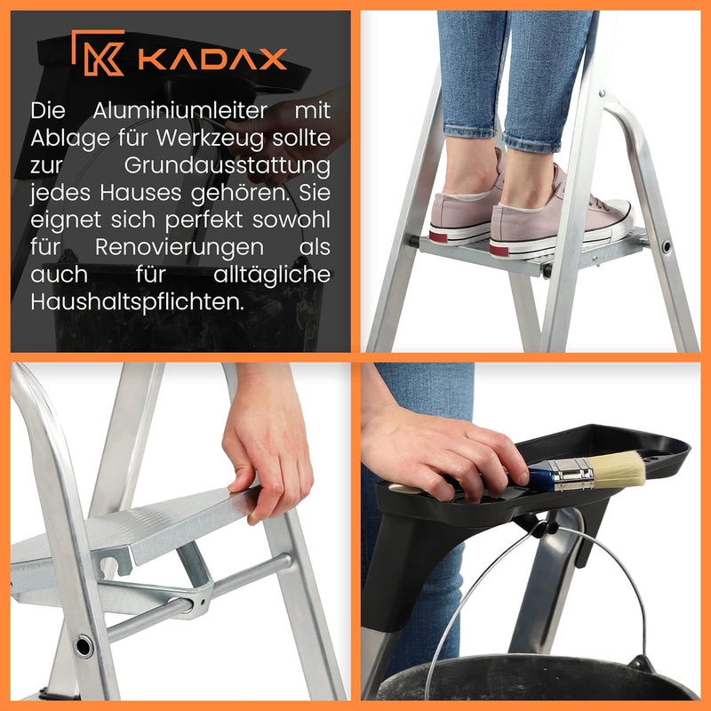 KADAX Aluminiumleiter, Stehleiter bis zu 125 kg, Stufenleiter, Trittleiter, Alu-Sicherheits-Stehleit