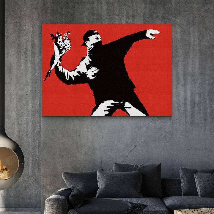 Giallobus - Gemälde - Banksy - - Standardleinwand - 140x100-13 - Roter Blumenkrug - Bereit zum Aufhä