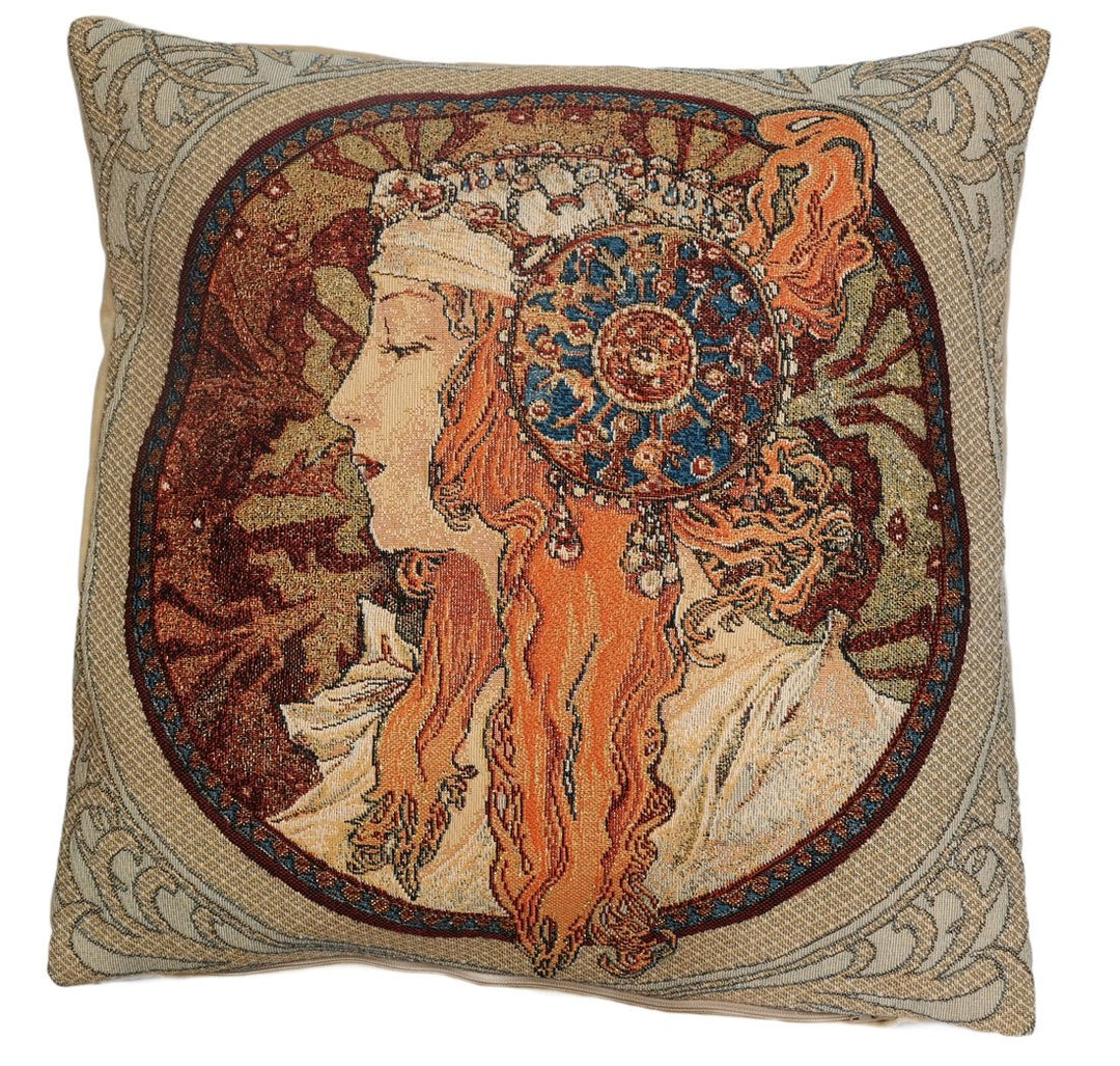 BelgianTapestries edle Kissenhülle, Zierkissenhülle 45 X 45 cm, Alphonse Mucha, Byzantine Blonde, Go