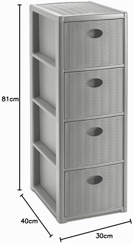Rollbarer Schubladenschrank aus Kunststoff in Rattan-Optik mit 4 Schubladen. Masse: 30x40x81 cm. In