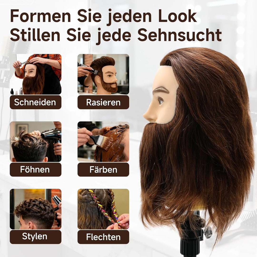 TwoWin 12 Zoll (30.5 cm) Mann Frisierkopf 100% Echthaar mit Bart, Frisurenkopf Männlicher Haarschnit