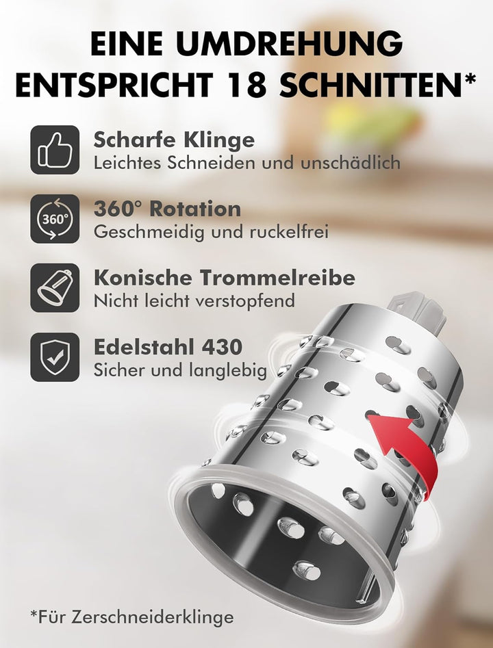 Geedel Käsereibe, Gemüseschneider mit 4 Austauschbare Klingen, Gemüsereibe mit Kurbel, Starkem Saugf