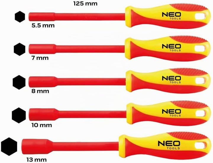 NEO TOOLS VDE Steckschlüssel-Satz Isoliert 5-tlg. | für Aussensechskantschrauben 5,5mm 7mm 8mm 10mm