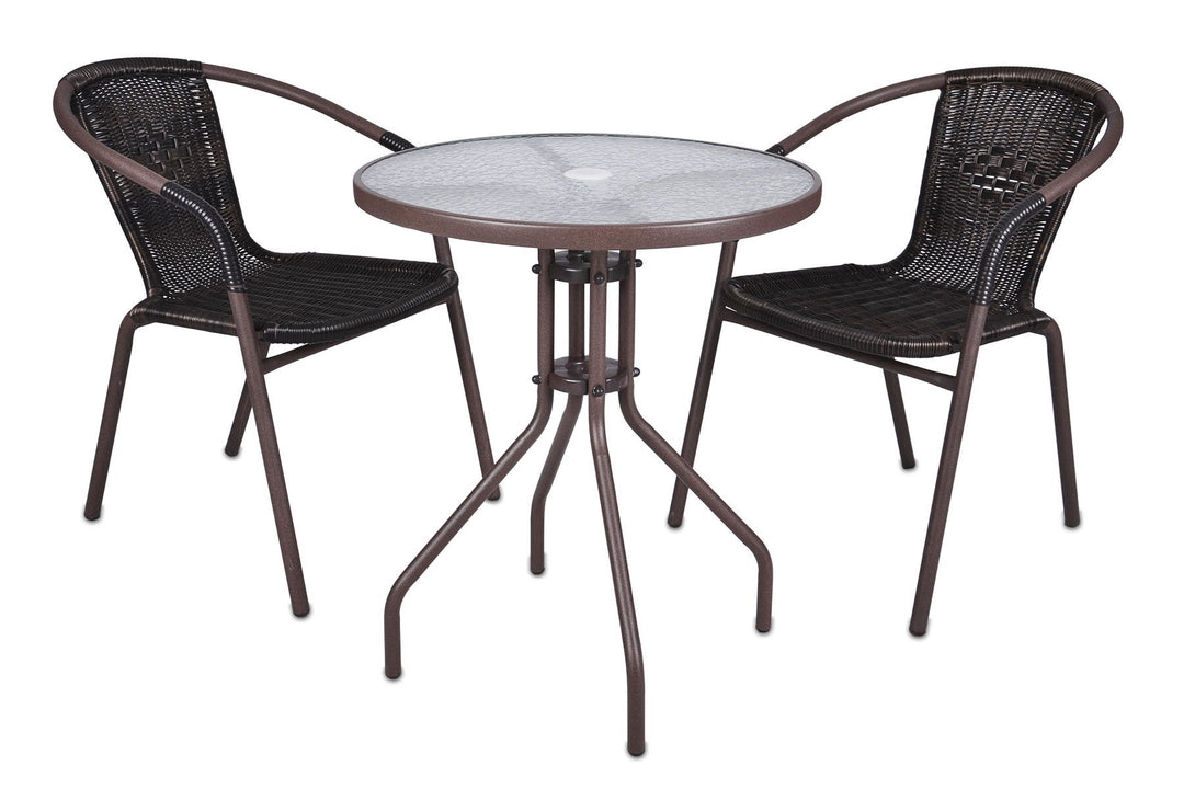 Nexos Trading Bistroset Balkonset Rattanset – Sitzgarnitur aus Glastisch & Bistrostuhl – Stahlgestel