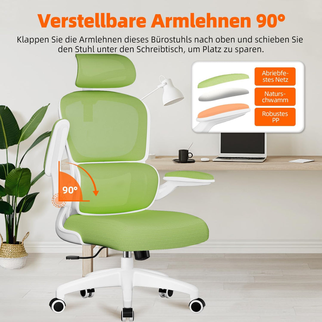 Bürostuhl, Bürostuhl Ergonomisch mit Lendenwirbelstütze, Klappbaren Armlehnen und Höhenverstellbarer