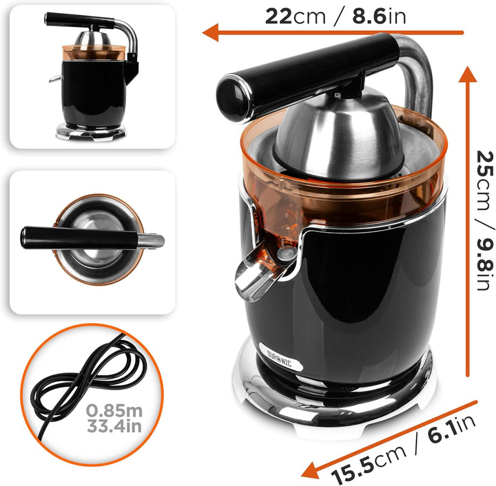 Duronic JE605 Saftpresse elektrisch 600W, Zitronenpresse 400ml, Zitruspresse 2 Kegel, Orangenpresse,