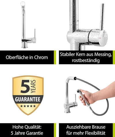 'aquaSu® Ausziehbare Spültischarmatur Manolo, mit Geschirrbrause, Wasserspar-Mischdüse, Kosten-spare