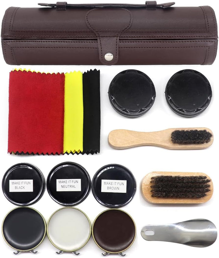12pcs Shoe Polish & Care Kit - Leather Shoe Shine Kit with Brown Black Wax, Shoe Brushes for Polishi
