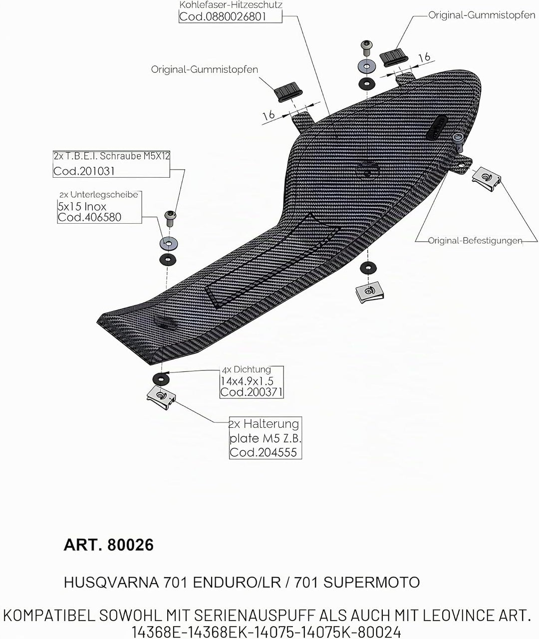 Hitzeschild LeoVince Auspuffabdeckung SBK, Carbon für Husqvarna 701 Enduro/LR/Supermoto 2016-2019